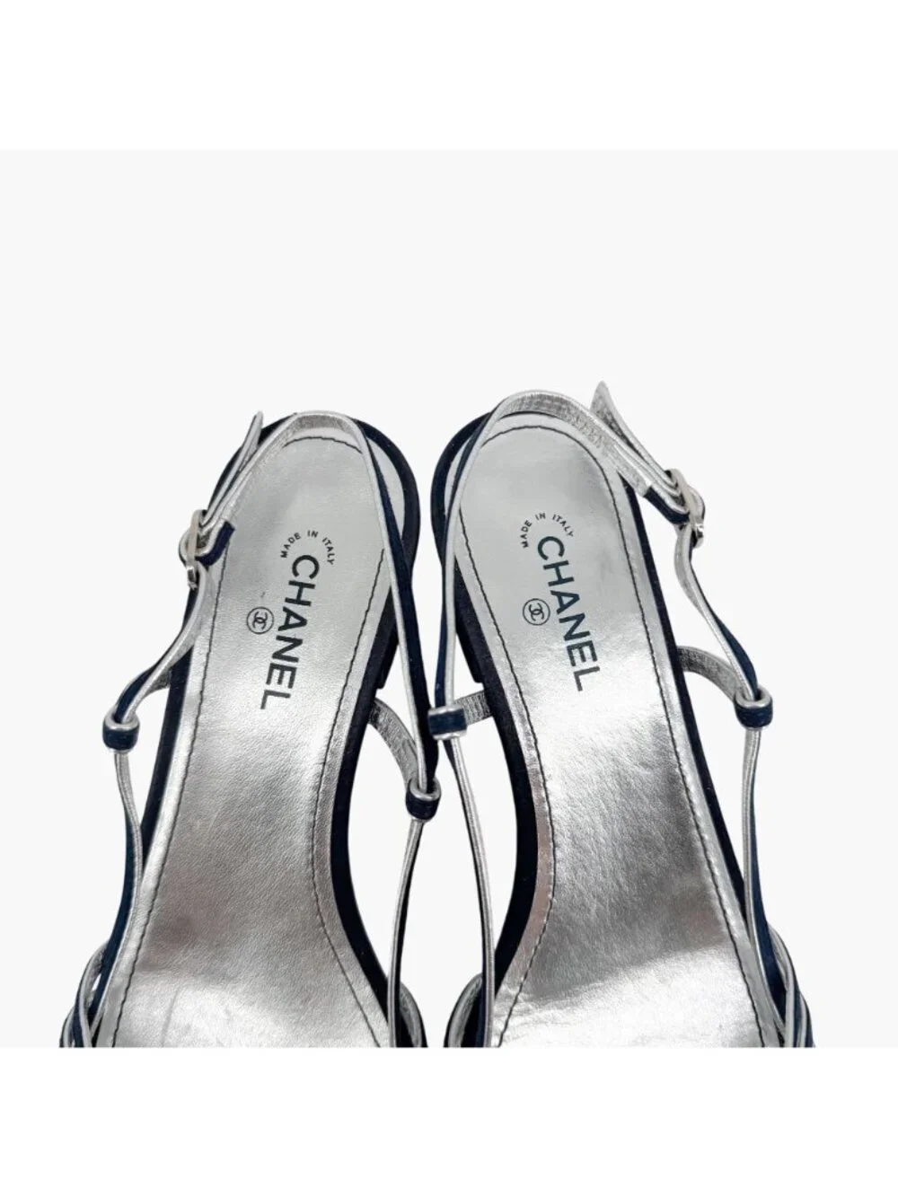 Chanel CC Strappy Slingback Sandals Block Heel Navy Blue Silver Size 37 US 6-6.5